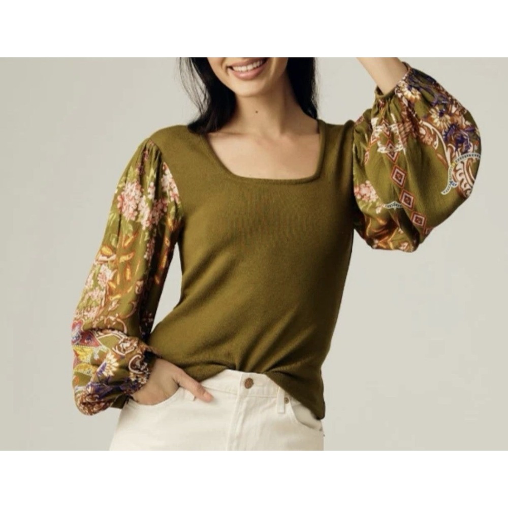 Anthropologie Bl-nk Printed Long Balloon Sleeve Sweater Top Green Small 210